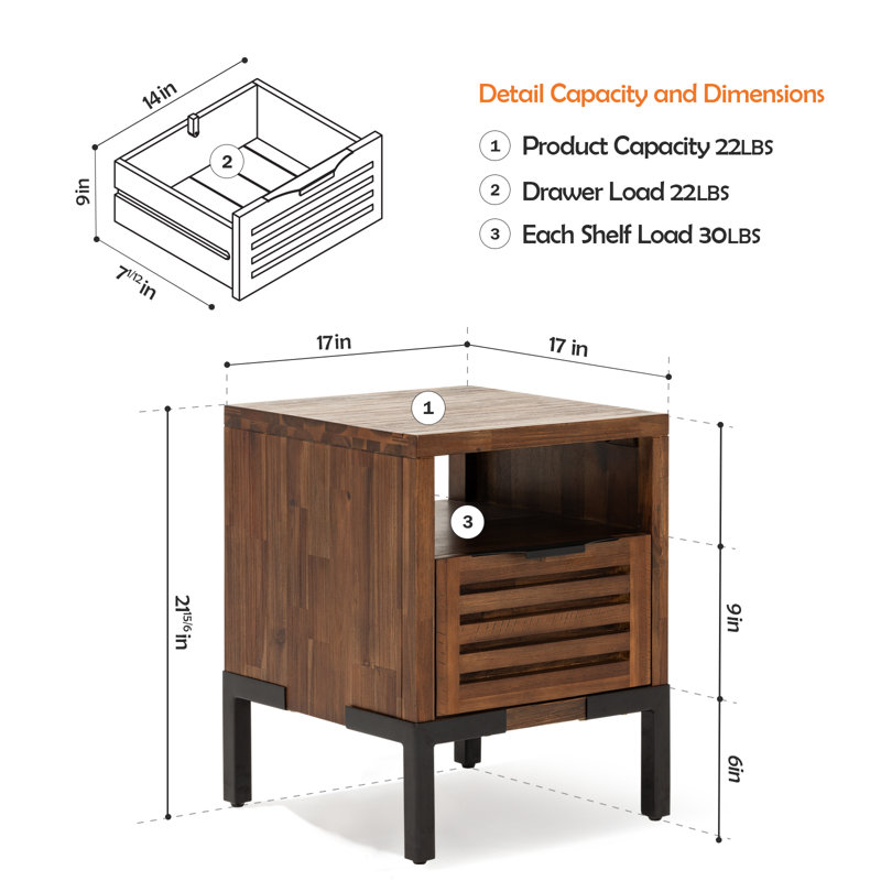 Miller Solid Wood Nightstand, Rustic Bedroom Side Table with Storage