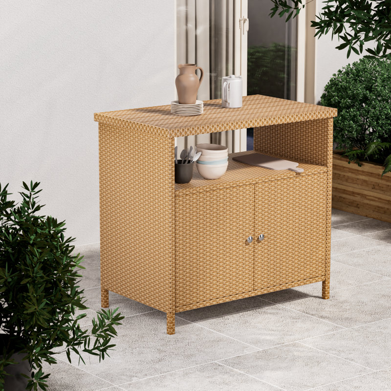 Caetlin 35.8" W 21.1" D Weather Resistant Metal and Wicker Outdoor Buffet Table with Storage, Natural Brown