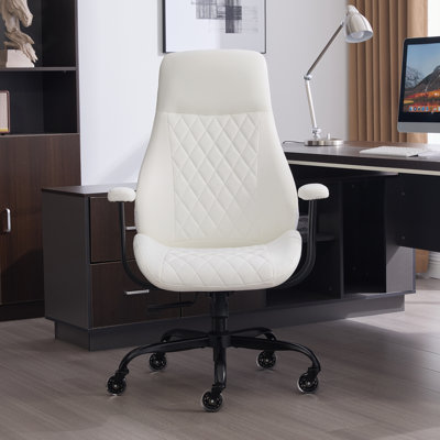 Diamond Quilted PU Leather Office Chair with Premium Durable Construction, Slient Wheels, Easy Assembly, White