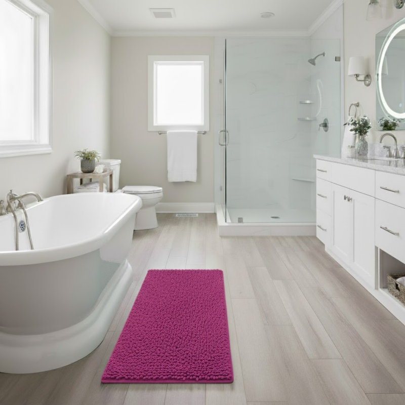 58 x 24 Chenille Bath Runner with Non-Slip Backing - Absorbent High-Pile Chenille Memory Foam, Pink