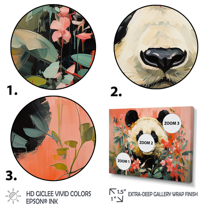 Panda blanc et rose en fleurs IV - art mural animal panda, Cadre de coin argenté fermé, H 30 po x l 40 po x P 1,5 po