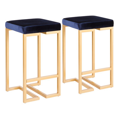 26" Contemporary- Counter Stool In Gold With Blue Velvet Cushion  - Set Of 2