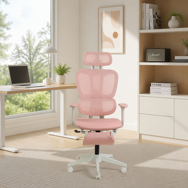 Chaise de bureau ergonomique avec repose-pieds, Mailles de nylon, Rose, Blanc