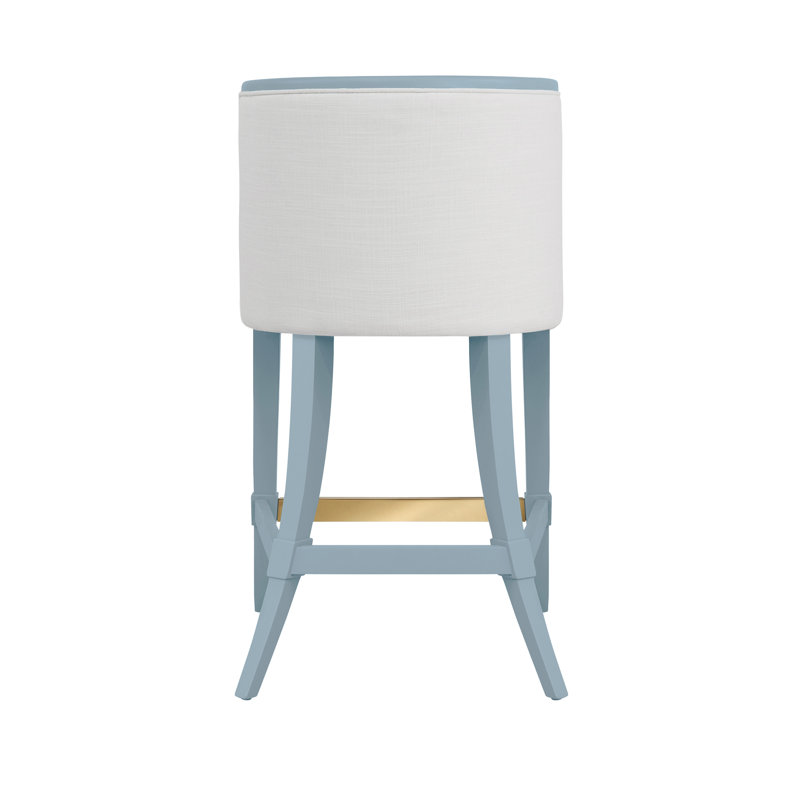 Klismos Leg Counter Stool With Performance White Linen Upholstery In Matte Light Blue Lacquer, Light Blue