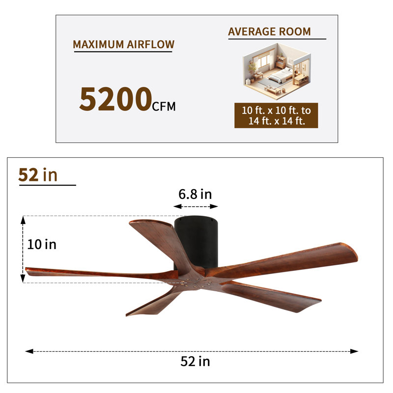 52 In. 5 - Blade Solid Wood Indoor Flush Mount Ceiling Fan with Remote Control