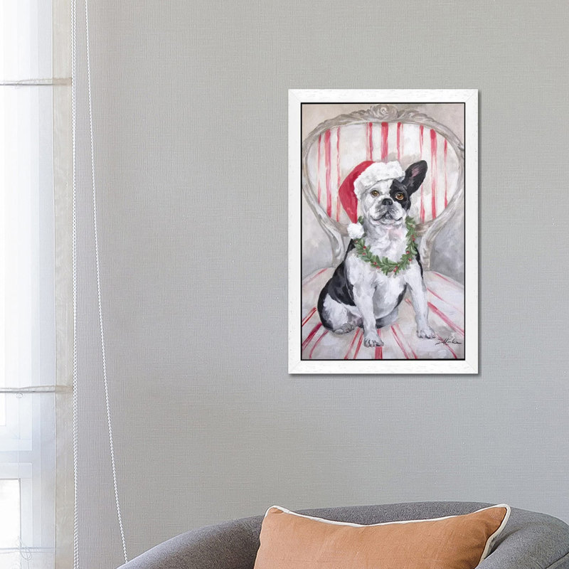 Frenchies Christmas by Debi Coules - Painting on Canvas, 66.04 cm H x 45.72 cm W, White Floater Framed