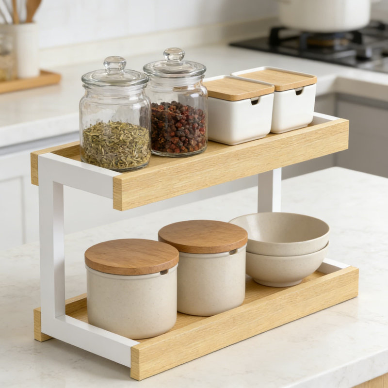 Étagère de rangement à 2 niveaux pour comptoir de cuisine, salle de bain, bureau, bois rustique et métal avec cloisons de sécurité