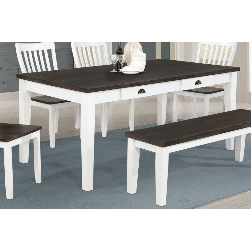 2 tables de salle à manger en blanc antique avec placage de grain naturel, pieds en bois massif, tiroirs pour le blanc essentiel avec charme rustique, plateau en placage, quatre rangements, six sièges, intérieur de chalet idéal