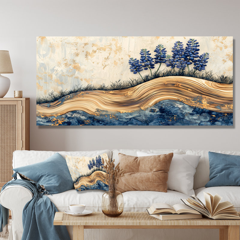 Fleurs bleues sur un toboggan en bois - décor mural en métal bleu, H 28 po x l 60 po
