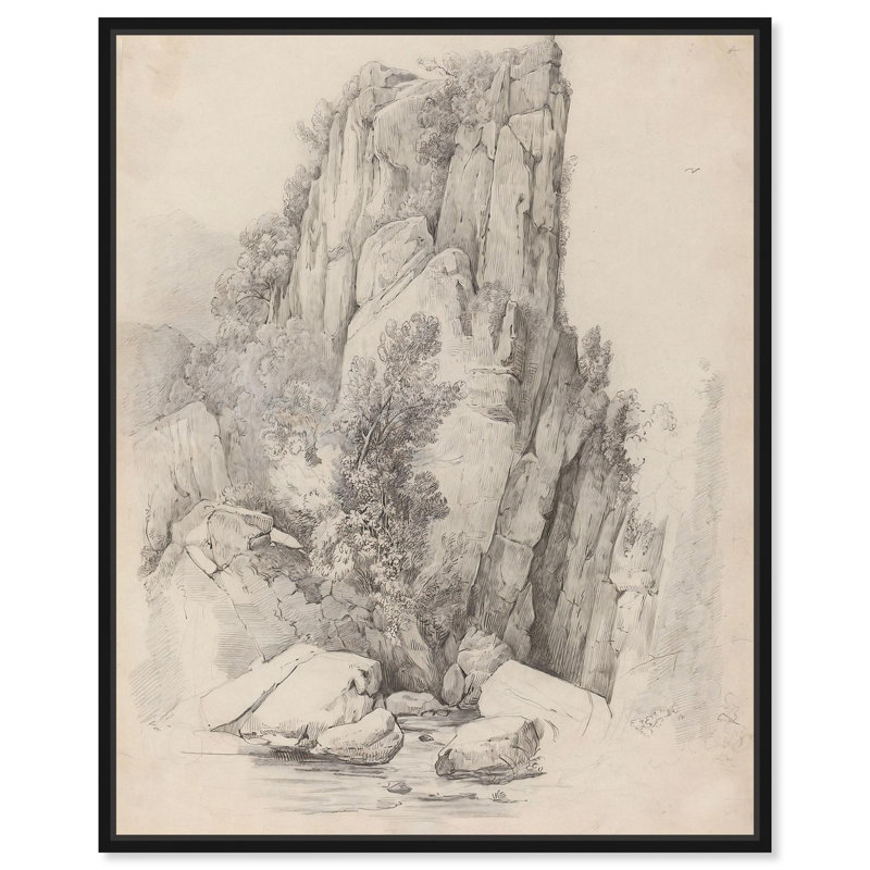 Croquis de roches au-dessus d'un ruisseau , H 21 po x l 17 po, Cadre flottant noir