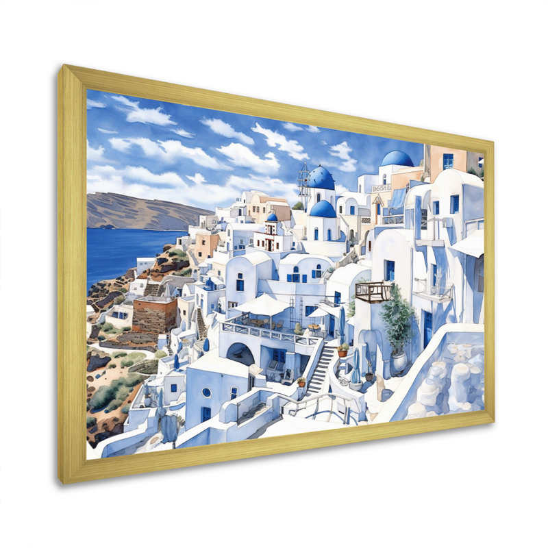 «Greek Santorini Odyssey I», art mural sur toile Grèce, H 34 po x l 44 po x P 1,5 po, Cadre doré à une seule photo