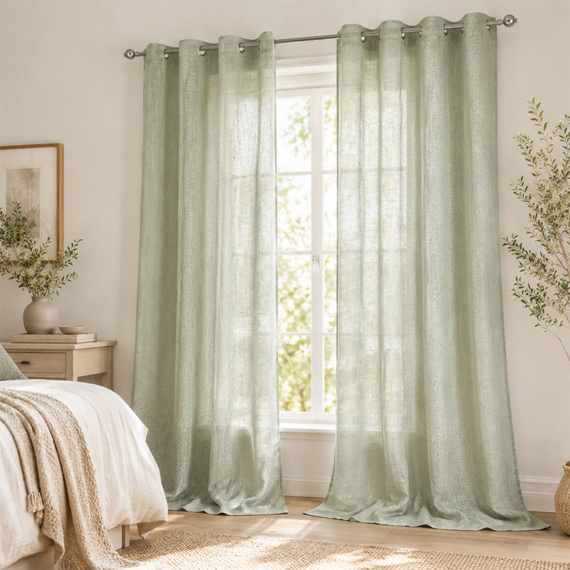 Heavyweight Faux Linen Sheer Curtain Panels Textured Slub Light Filtering Privacy Grommet Curtains for Farmhouse Living Room Sage Green 55x84inch