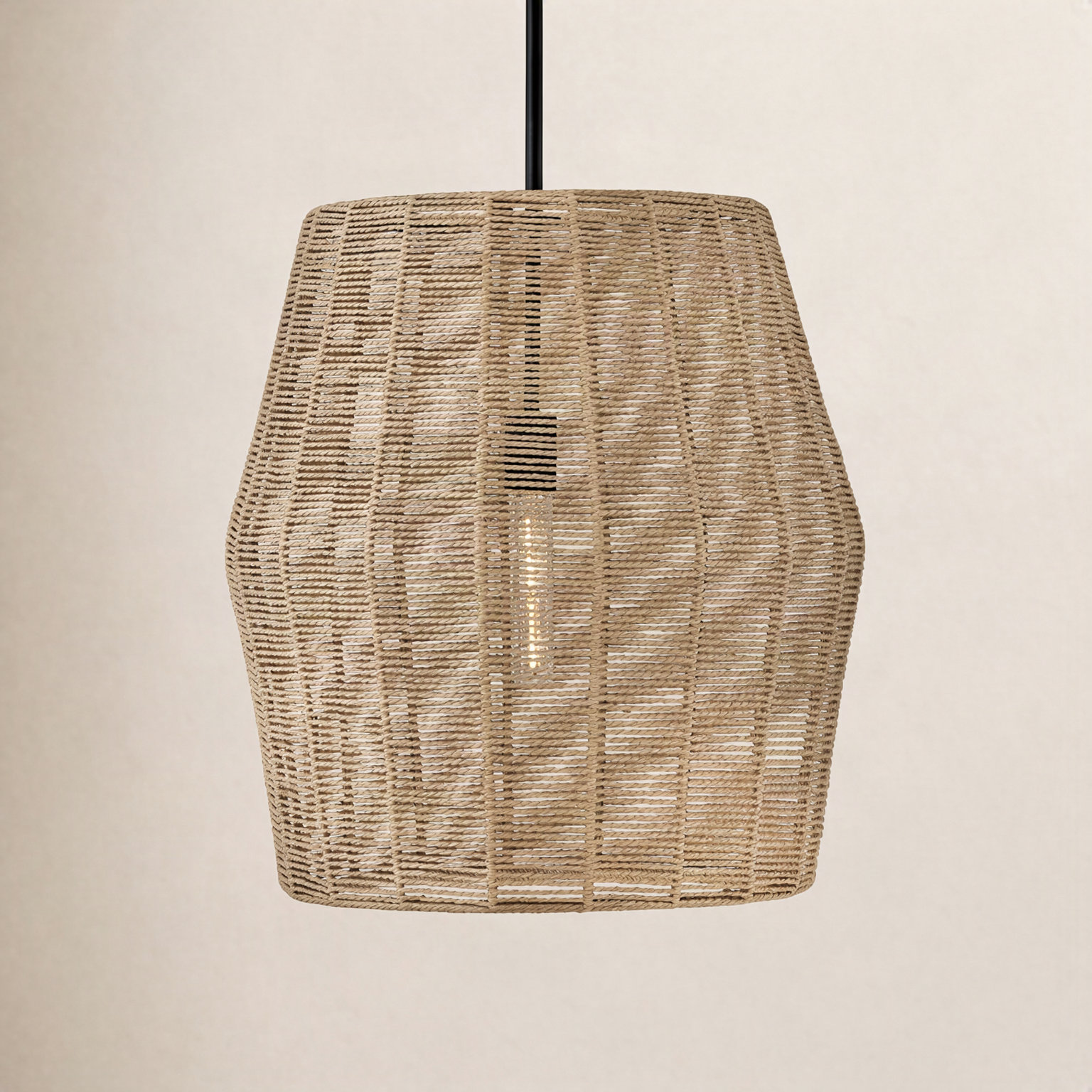 Ariza Single Light Dimmable Pendant, Black with Camel Rattan shade, Camel