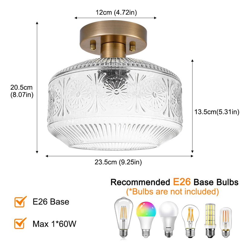 Semi Flush Mount Ceiling Light, Vintage Small Ceiling Light Fixture, Thickened Glass Hallway Lighting Fixture, Brass Kitchen Ceiling Mount Light