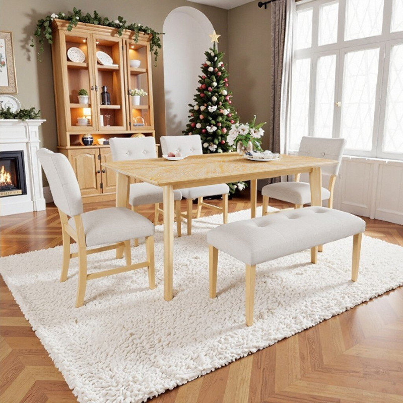 6-Piece Dining Table Set With Bench And 4 Chairs Solid Wood And MDF Rectangular Table