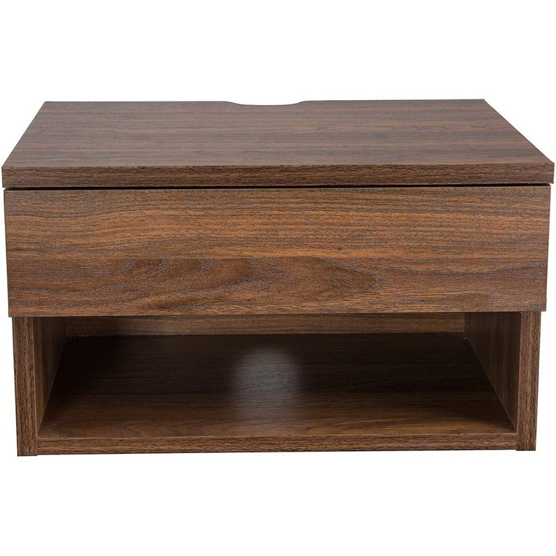 Walnut Floating Nightstand with Drawer and Open Shelf
