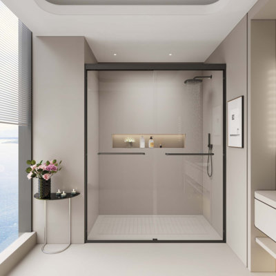 Double Sliding Shower Door, Semi-Frameless Bypass Bathroom Sliding Door With 1/4" (6Mm) Tempered Glass For Walk-In Shower