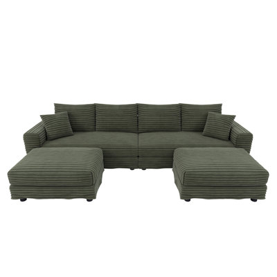 102.4 "Plush Corduroy 4-Seat Sofa,Modern Comfy Upholstered Sofa Cloud Couch,Deep Seat Couches With Soft Pillows And 2 Ottomans,Convertible Sofa Lounge Chair