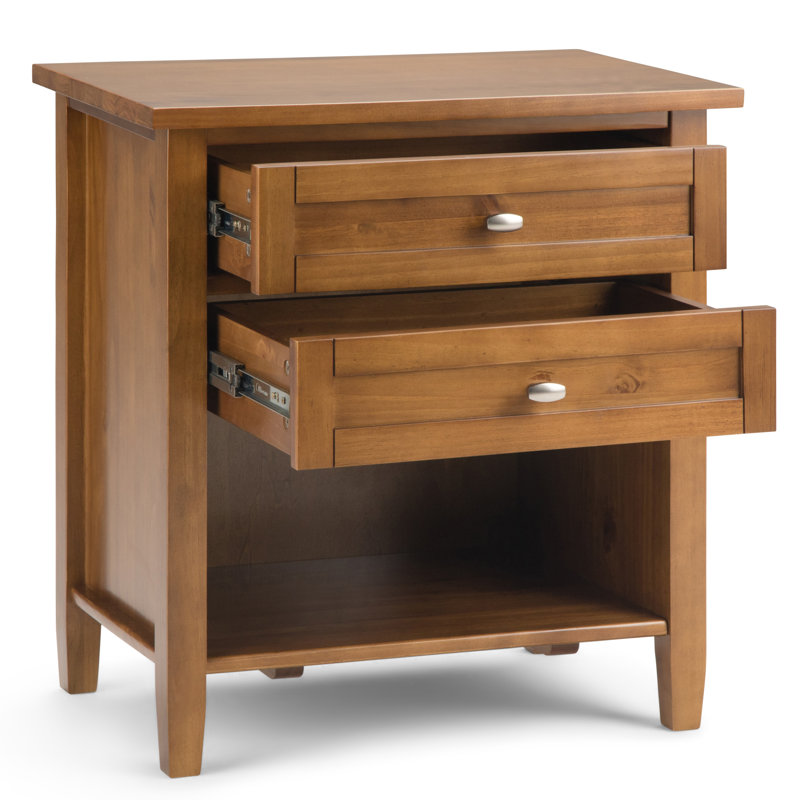 Warm Shaker 24"W Solid Wood Transitional Nightstand With Drawers And Open Shelf, Light Golden Brown