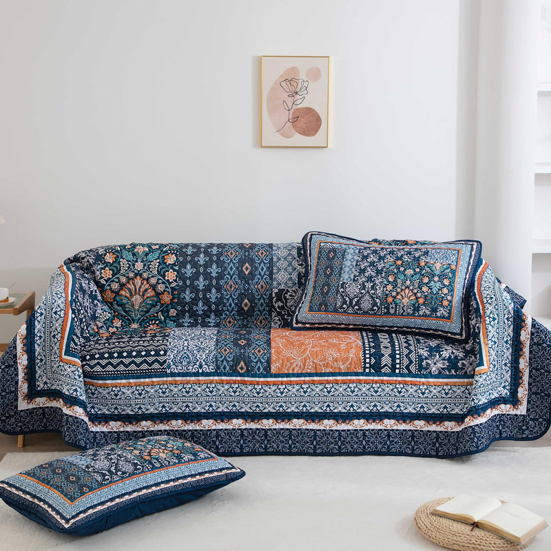 Ensemble de couvre-lit 3 pièces Boho, Courtepointe pour lit grand + deux taies décorati, Marine