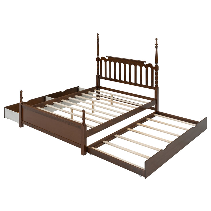 Modern Platform Bed Frame with Trundle and 2 Storage Drawers, Classic Bed with Spindle Headboard, Noyer