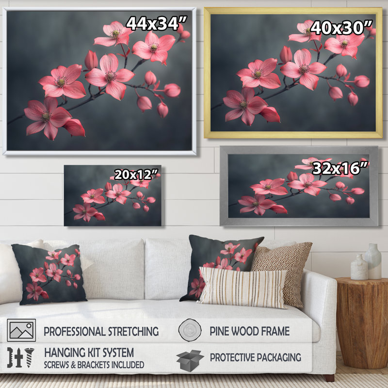 Fleur de cornouiller monochrome rose avec hivers de la paix II - cornouiller, Toile tendue, H 12 po x l 20 po x P 1 po