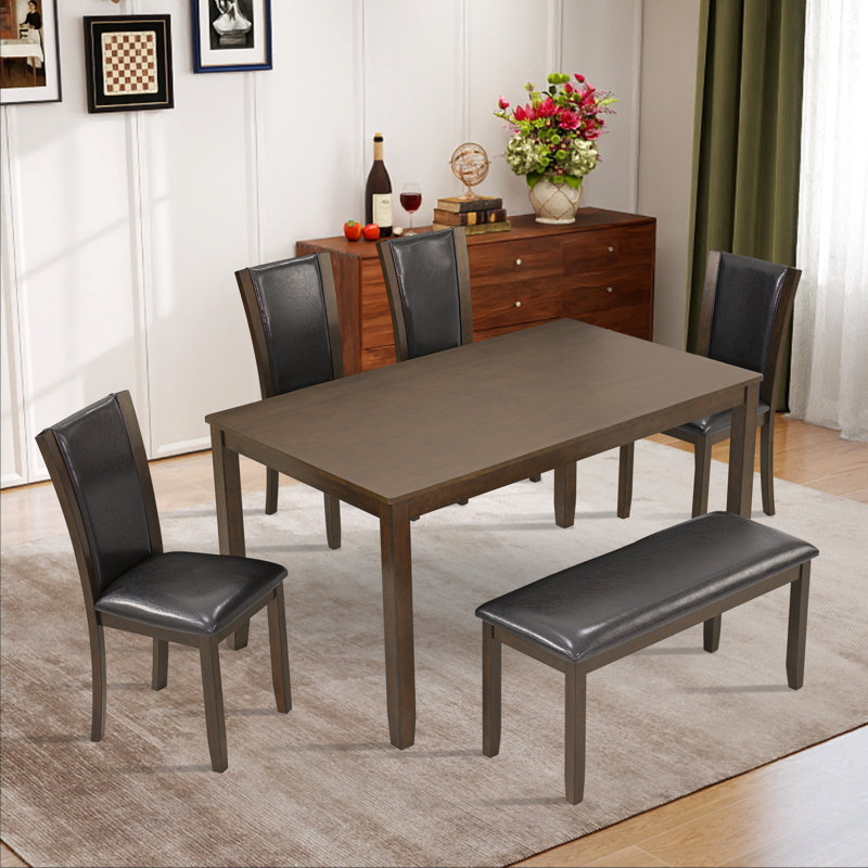 Ensemble de table de salle à manger 6 pièces avec banc et chaises (ensemble de 6), Brun, Noyer foncé, Noyer foncé