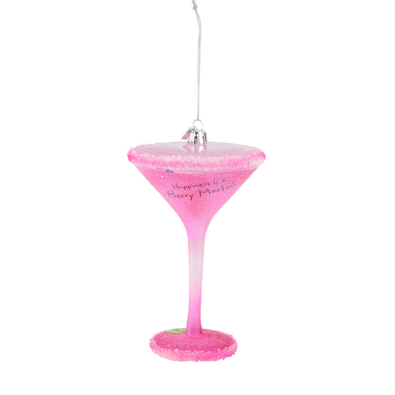 Ornement de Noël 5,5 po en verre soufflé rose et argent Happy Hour