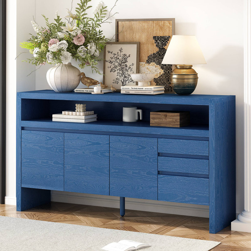 Buffet moderne en placage de frêne avec placage de frêne et tablette semi-ouverte, Noir