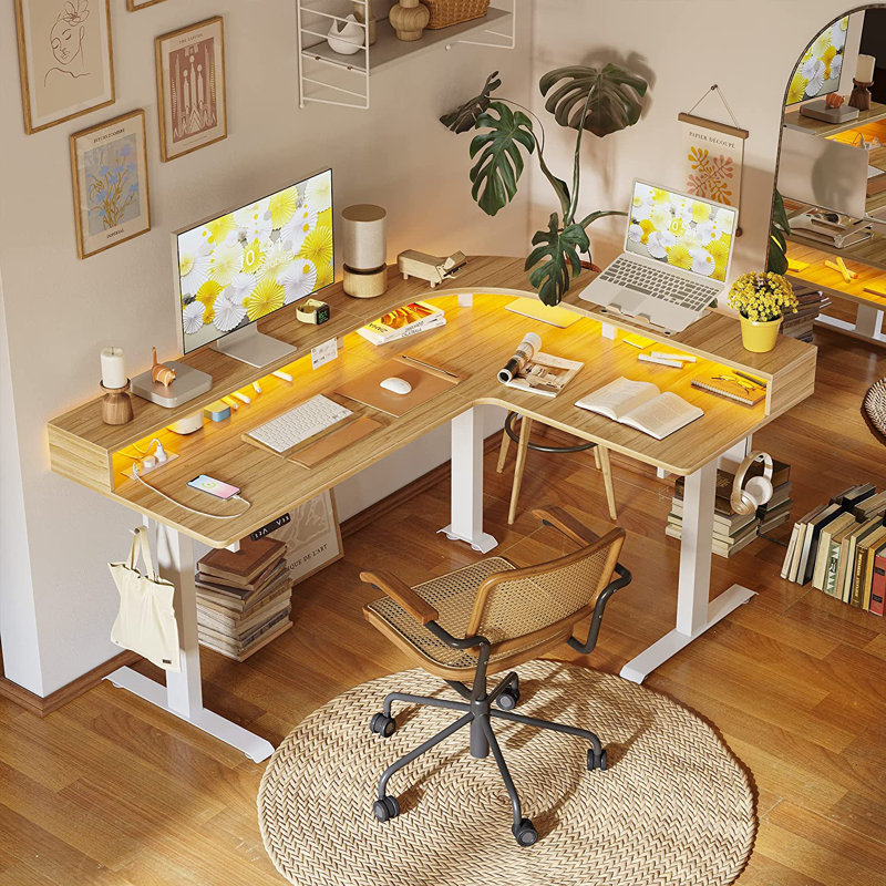 Bureau triple en L avec barre DEL, Naturel / Blanc