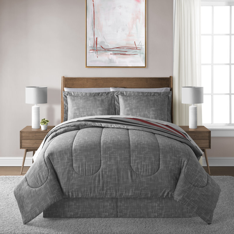 Lanwood Home Xavier Stripe 8-Piece Microfiber Comforter Set, King Comforter + 7 Additional Pieces, Red/Gray
