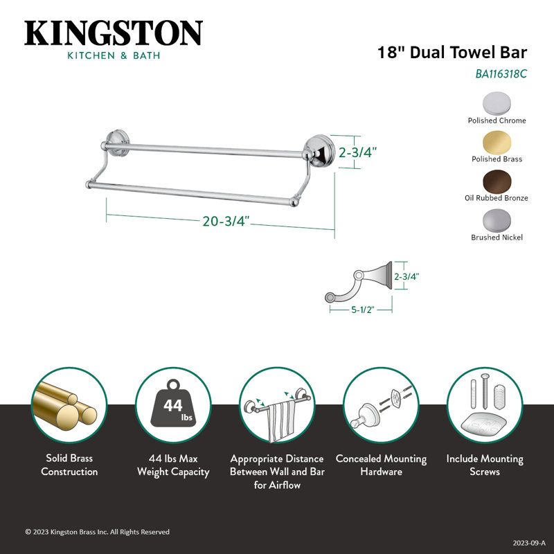 Barre à serviettes double 24 po Kingston, Nickel brossé, H 4,13 po x L 26,75 po x P 5,5 po