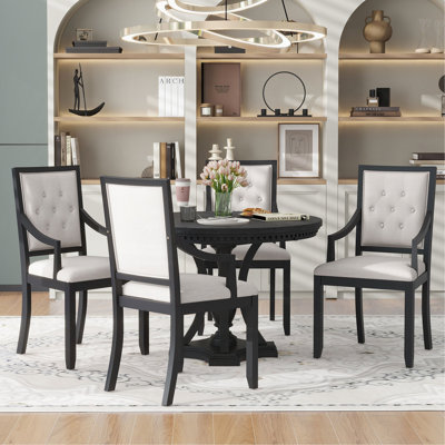 Retro 5-Piece Dining Set Extendable Round Table And 4 Chairs For Kitchen Dining Room