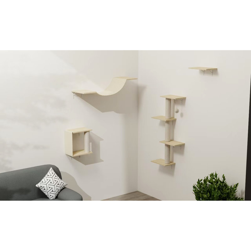 Chat à fixation murale moderne 4 pièces avec pont, marches et arbre, résistant, peu encombrant, écoénergétique, efficace