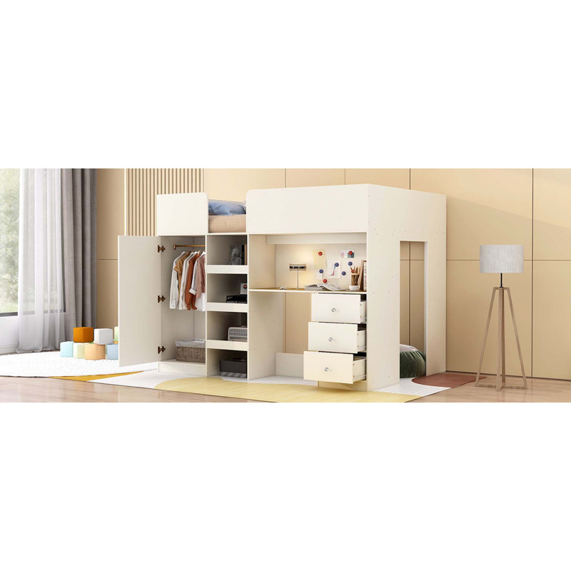 Lit mezzanine en bois avec garde-robe intégré, bureau, tablettes et tiroirs de rangement, beige