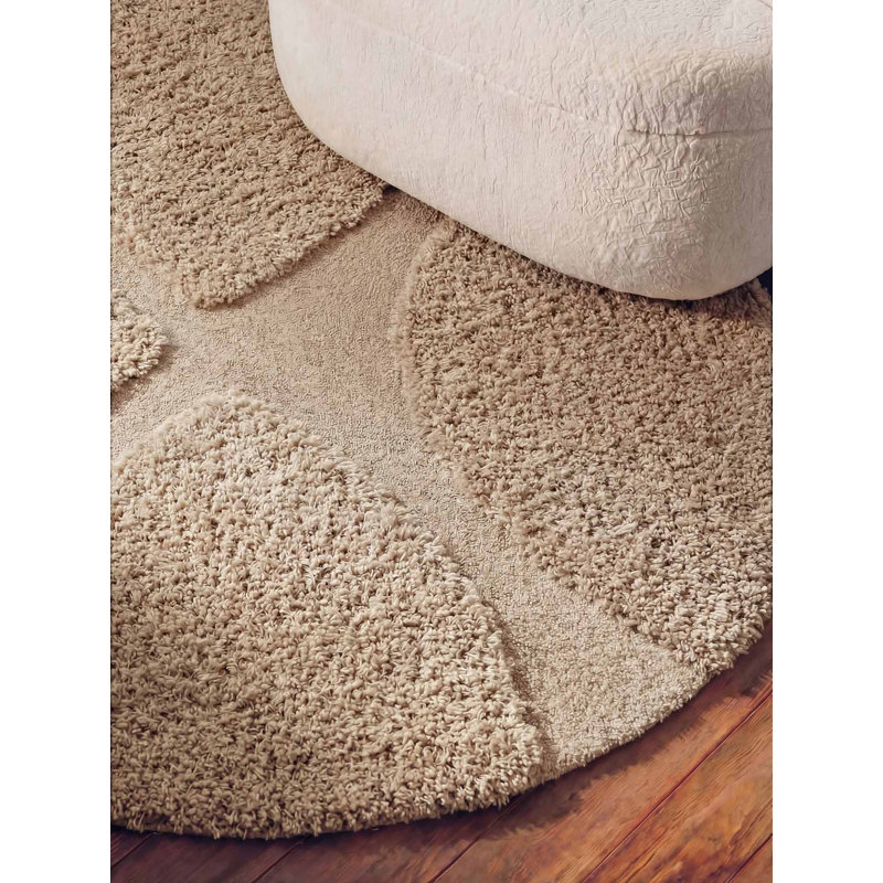 Denten Geometric Hand Tufted Shag Area Rug, Beige, Round 150 cm