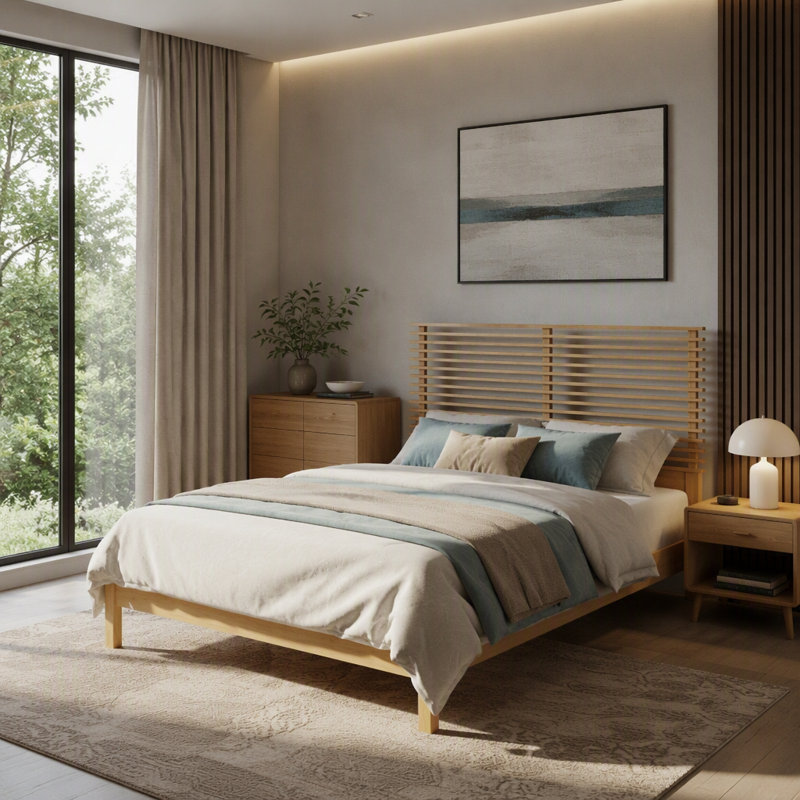 Cadre de lit plateforme haut de gamme en bois massif avec tête de lit à lattes horizontales, mobilier de chambre moderne en bois naturel