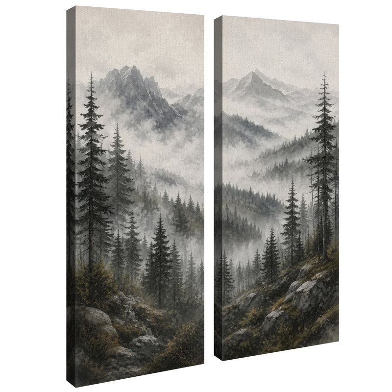 Paysage de forêt de conifères de Misty Mountain – Ensemble de 2 impressions sur toile 32 po x 12 po x 2 po, H 32 po x l 12 po