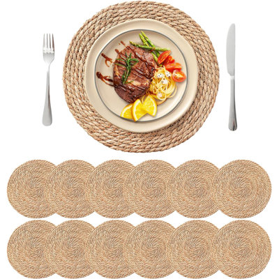 13.8'' Round Woven Placemats Set Of 12, Boho Rattan Chargers For Dinner Plates, Rustic Wicker Place Mats, Straw Braided Table Placemats, For Dining Table Decor, Wedding, Farmhouse And Home Decor