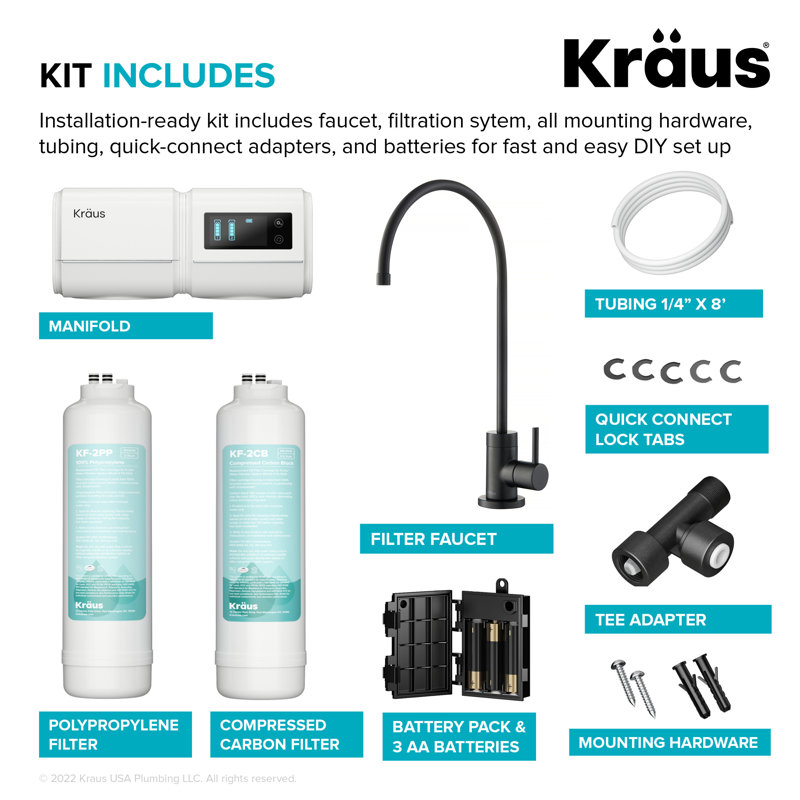 Système de filtration sous-évier à 2 étages KRAUS Purita avec robinet de robinet d'eau potable à poignée simple, Noir mat