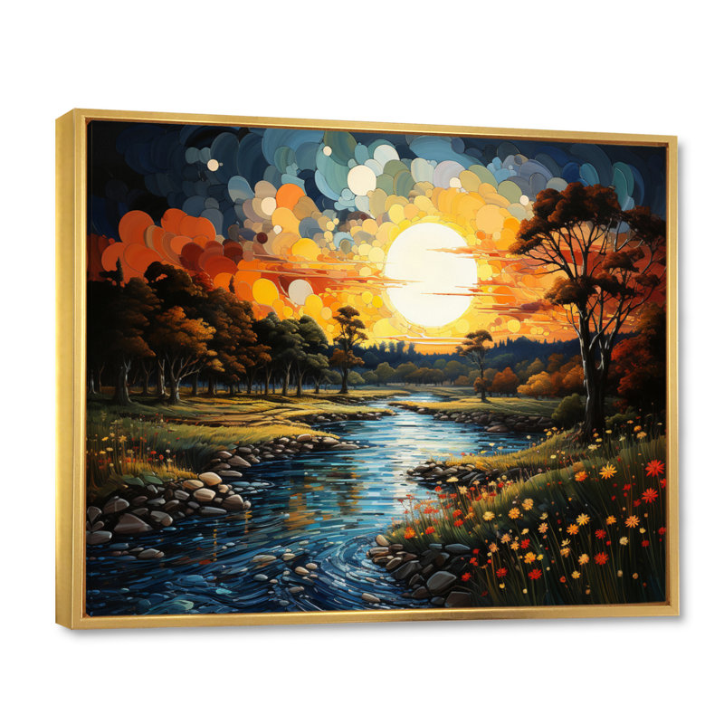 "Countryside River Bend Patchwork II", reproduction d'art sur toile, H 24 po x l 32 po x P 1 po, Cadre flottant doré
