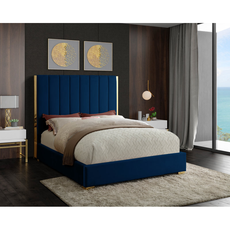 Aeliana Upholstered Panel Bed, Queen, Navy Velvet
