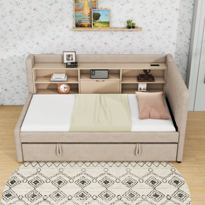 Upholstered Twin Daybed with Twin Trundle, Shelves and Charing Station
