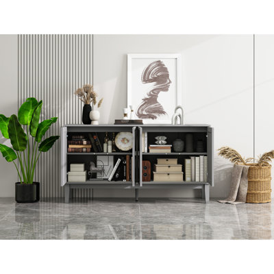 59" Gray 4-Door Sideboard Buffet Cabinet, Vintage Storage Credenza With Hand-Carved Geometric Diamond Doors, Adjustable Shelves & Raised Legs For Living Room Dining Room