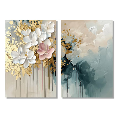 «Gold Floral Brushstroke», reproduction d'art sur toile, ensemble de 2 décorations murales florales dorées