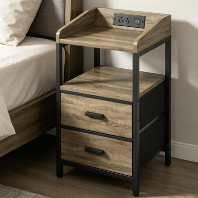 15.75" Nightstand With 2 Drawers & Open Shelf, Bedside Table With Charging Station, End Table For Bedroom Or Living Room