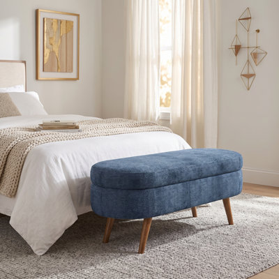 Repose-pieds ovale avec rangement en tissu plissé, pieds en bois d'hévéa massif et intérieur spacieux - Repose-pieds polyvalent, sièges supplémentaires et pièce décorative