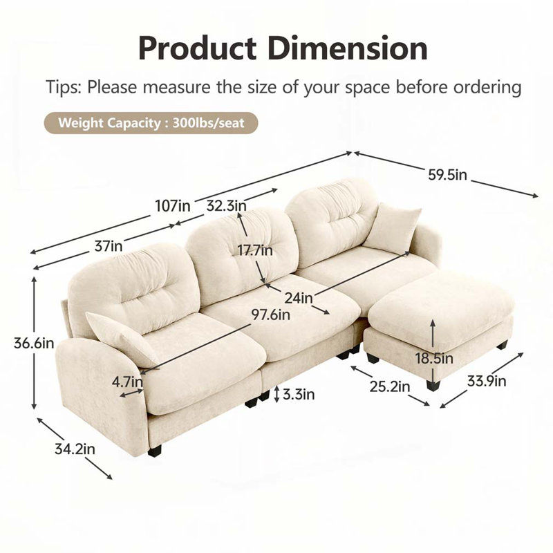 Canapé modulaire en chenille 3 places avec 2 coussins et repose-pieds, 3, H 36,6 po x l 107 po x P 59,5 po, Beige