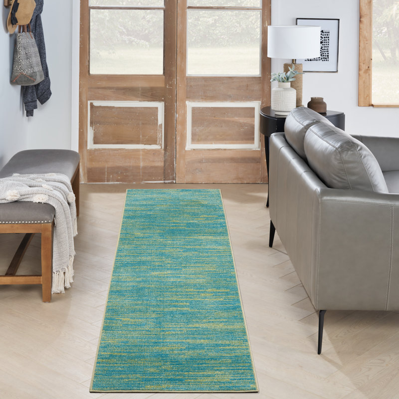 Tapis intérieur / extérieur bleu / vert Mullican Sandy, Tapis de couloir 2 pi 2 po x 14 pi