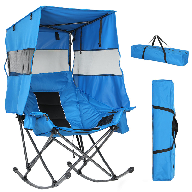 Folding Outdoor Rocking Camping Chair with UV-Blocking Canopy, XL Oversized Adult Patio Rocker with Sun Shade, Cup Holder, Insulated Cooler Bag & Portable Carry Bag for Backyard Lounging, Sports Tailgating, Camping, RV Trips & Beach Days 1 Pack